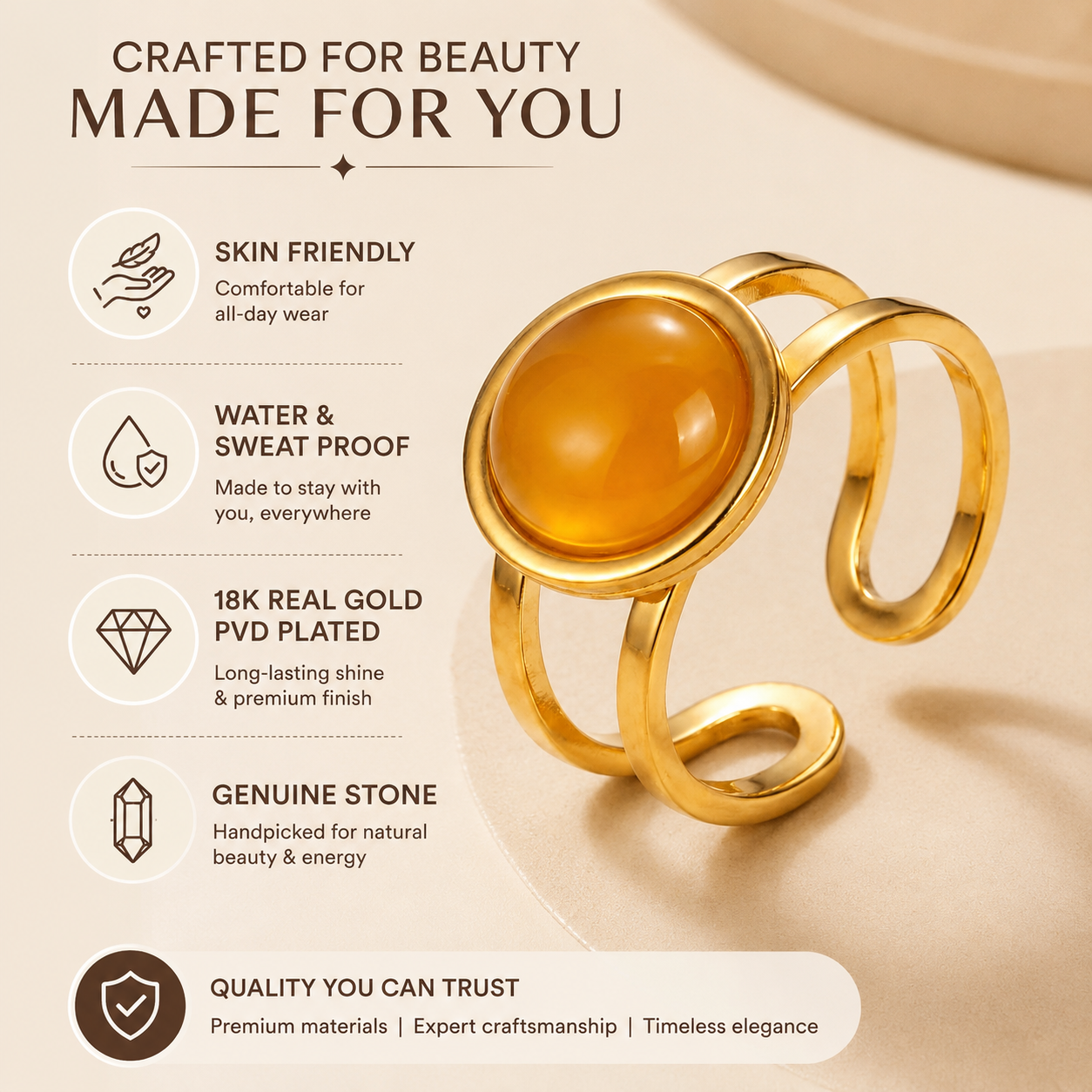 Yellow Quartz Real Stone Flexi Size Golden Ring | 18K Real Gold PVD Plated– For Women | Includes: Ring