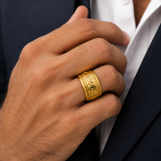 Golden Heritage Designer Steel Ring | 18K Real Gold PVD Plated– For Men | Includes: Ring