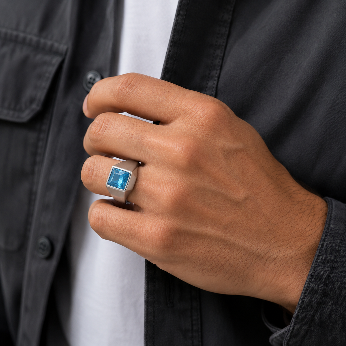 Regular Light Blue Square Zircon Titanium Ring | PVD Plated– For Men | Includes: Ring