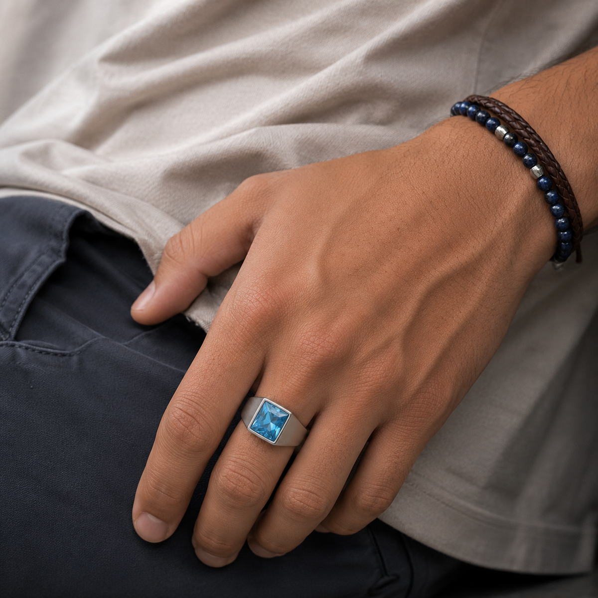 Regular Light Blue Square Zircon Titanium Ring | PVD Plated– For Men | Includes: Ring