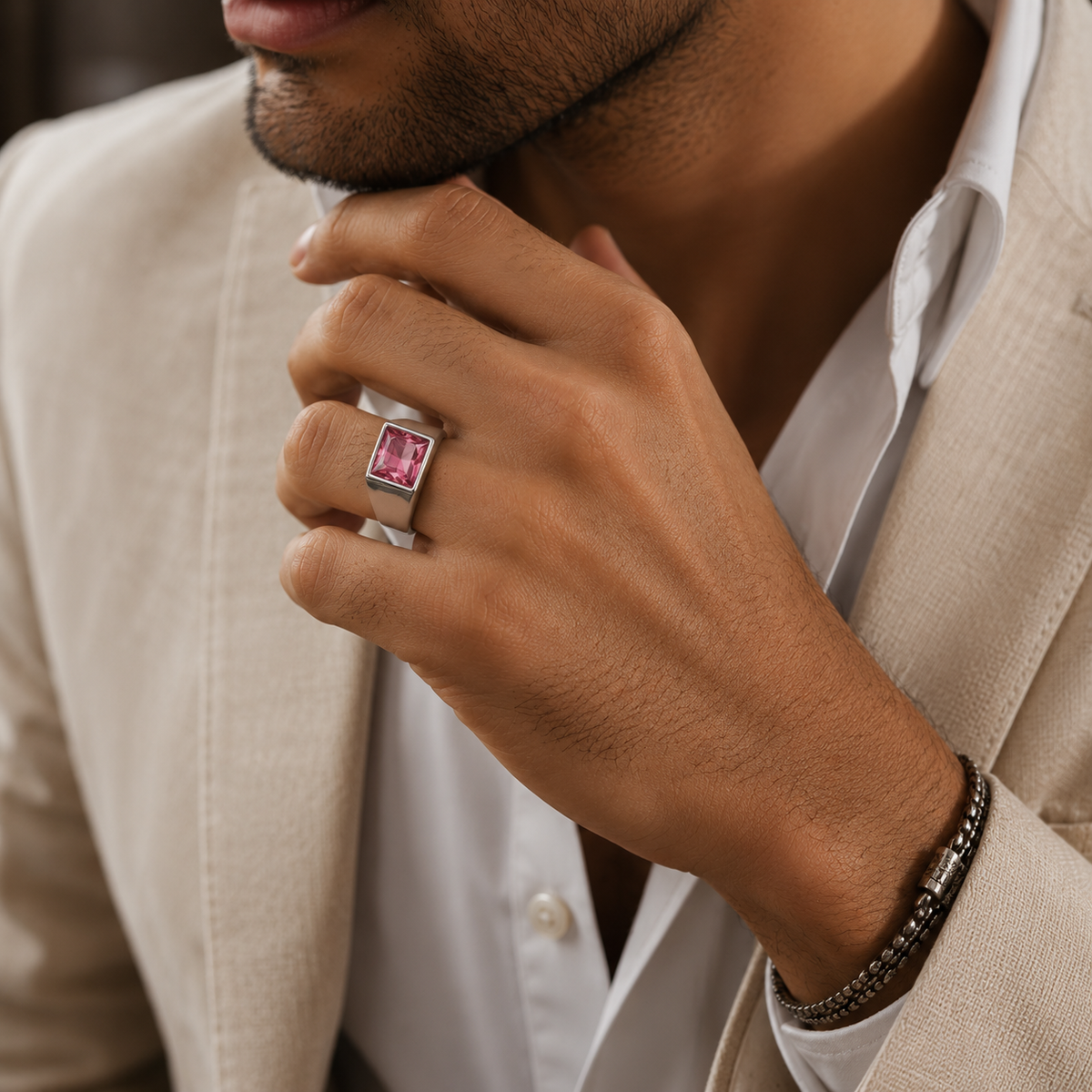 Regular Pink Square Zircon Titanium Ring | PVD Plated– For Men | Includes: Ring