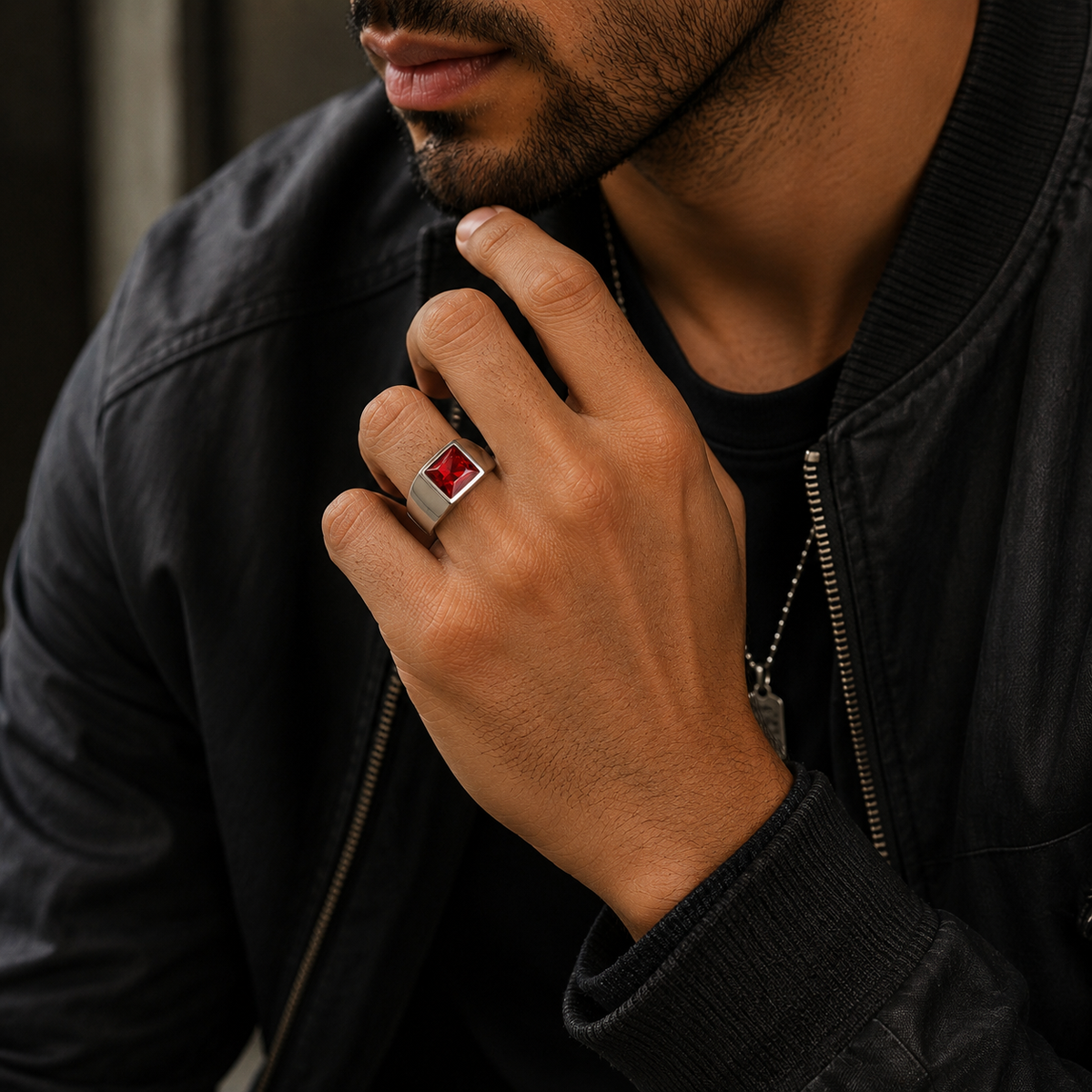 Regular Red Square Zircon Titanium Ring | PVD Plated– For Men | Includes: Ring