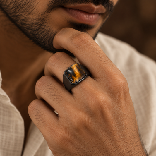 Natural BOLD Tiger Eye Stone Golden Titanium Steel Ring | PVD Plated– For Men | Includes: Ring