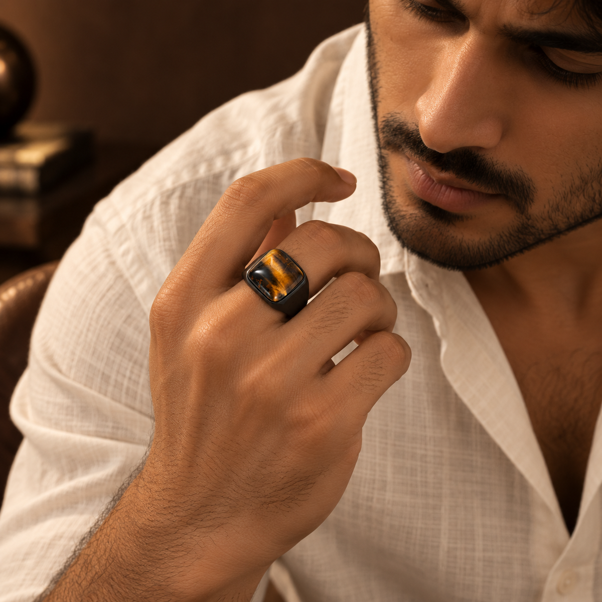 Natural BOLD Tiger Eye Stone Golden Titanium Steel Ring | PVD Plated– For Men | Includes: Ring