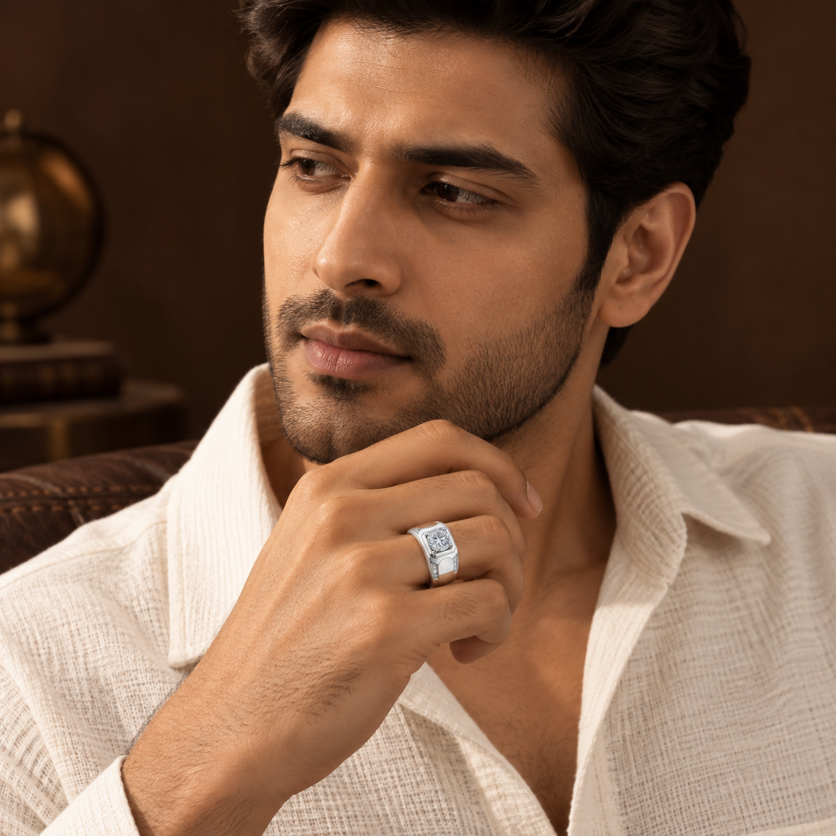Pyramid Silverish Solitire Clear Zircon Ring | PVD Plated– For Men | Includes: Ring