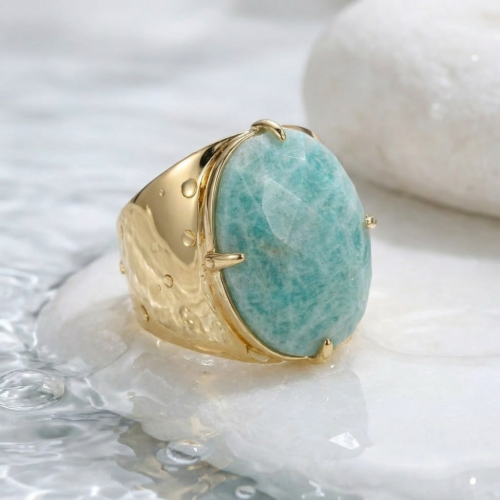 Natural Amazonite Faceted Stone Golden Flexi Size Ring | 18K Real Gold PVD Plated– For Men | Includes: Ring