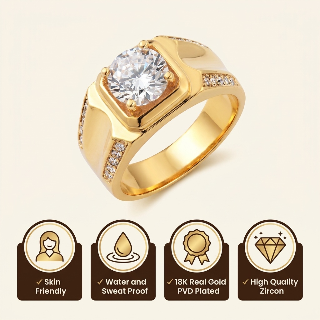 Regular  Solitire Clear Zircon Ring | 18K Real Gold PVD Plated– For Men | Includes: Ring