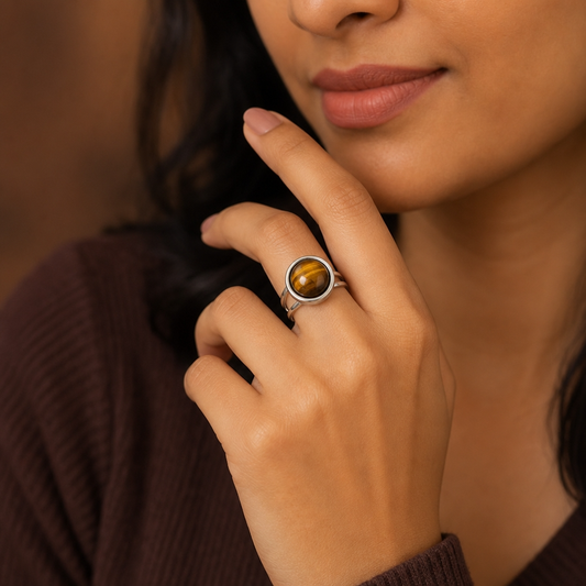 Adjustable Ring with Tiger Eye Stone| Silver Plated -For Women | Includes: Ring