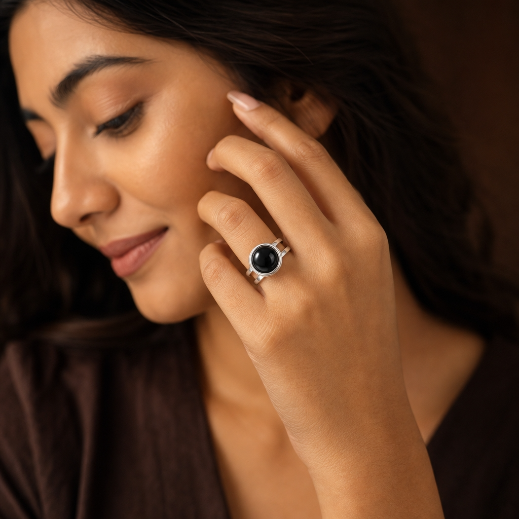 Adjustable Ring with Black Obsidian Stone| Silver Plated -For Women | Includes: Ring