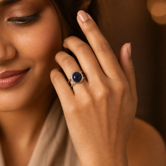 Adjustable Ring with Sparkly Black Bead Stone| Silver Plated -For Women | Includes: Ring