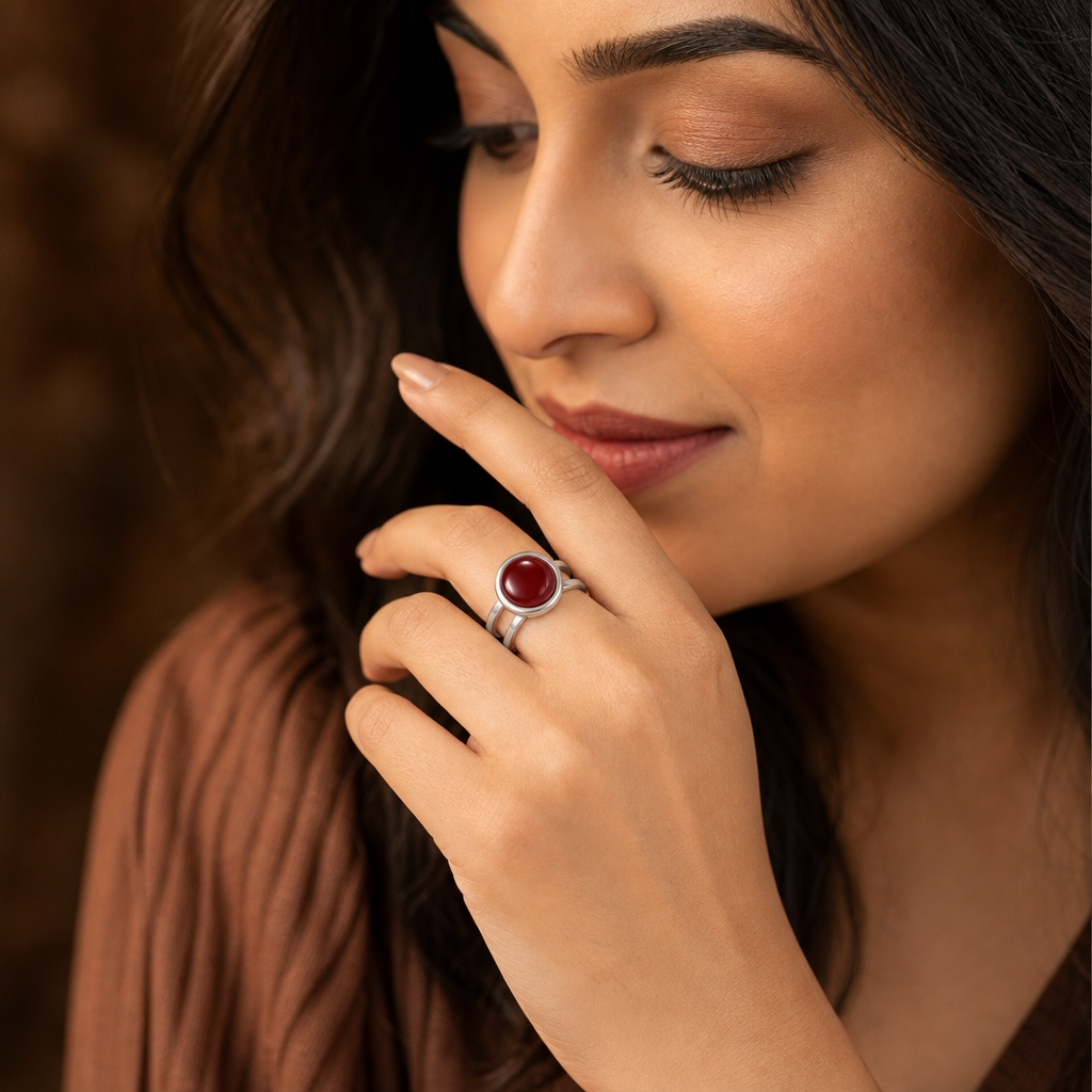 Adjustable Ring with Red Onyx Stone| Silver Plated -For Women | Includes: Ring
