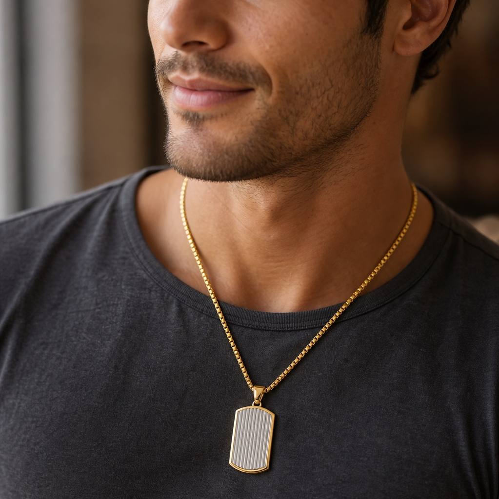 Ultra Posh D-Tag Silverline Golden Necklace | 18K PVD REAL Gold Plated- For Men| Includes: Necklace