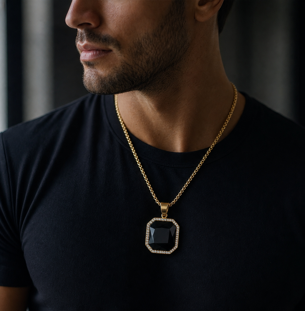 Ultra BOLD Posh BLACK Zircon Golden Necklace | 18K PVD REAL Gold Plated- For Men| Includes: Necklace