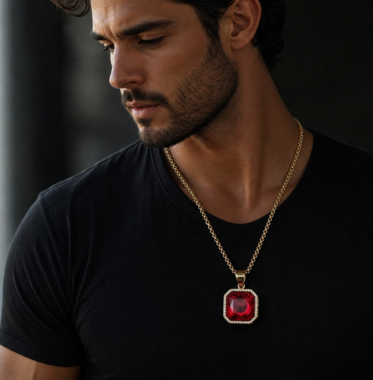 Ultra BOLD Posh RED Zircon Golden Necklace | 18K PVD REAL Gold Plated- For Men| Includes: Necklace