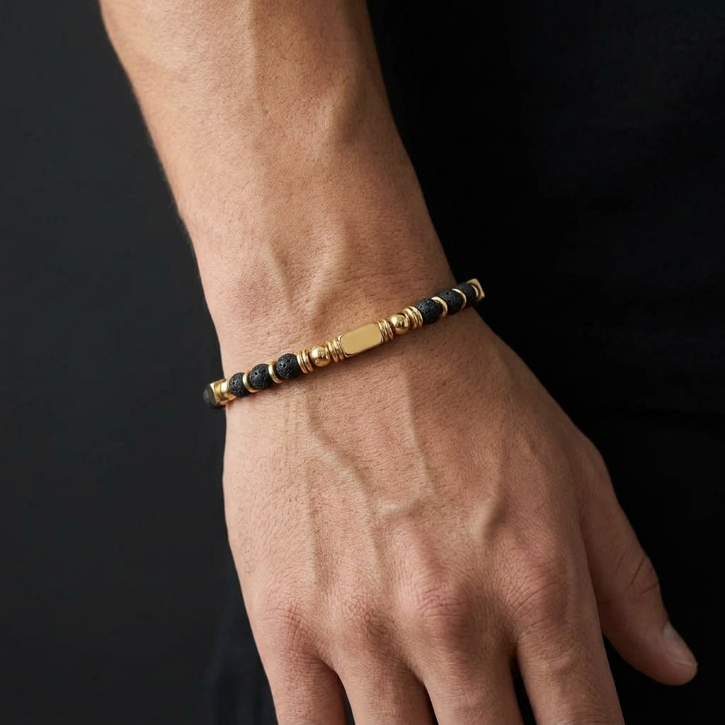 Ultra Rich Real Lava Stone Flexi Bracelet | 18K PVD Gold Plated- For Men | Includes: Bracelet