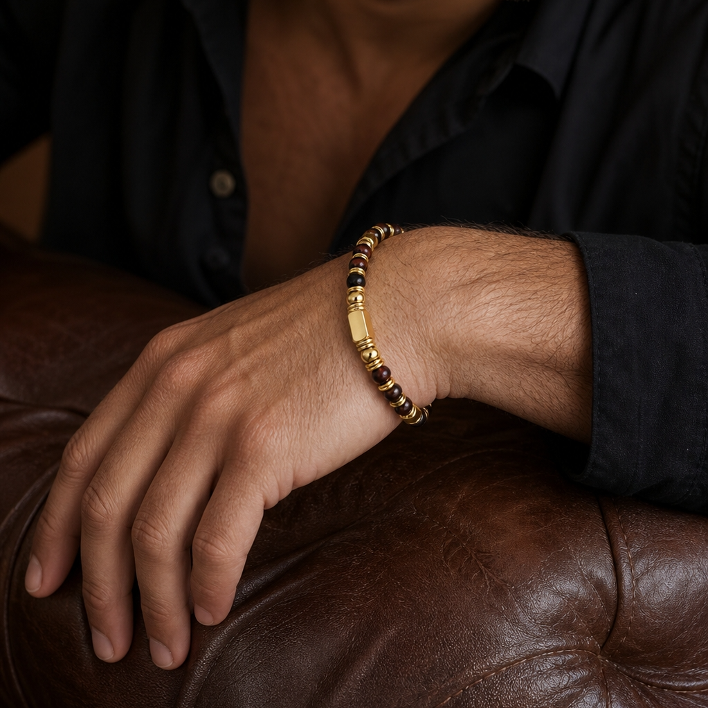 Ultra Rich Red Tiger Eye Stone Flexi Bracelet | 18K PVD Gold Plated- For Men | Includes: Bracelet