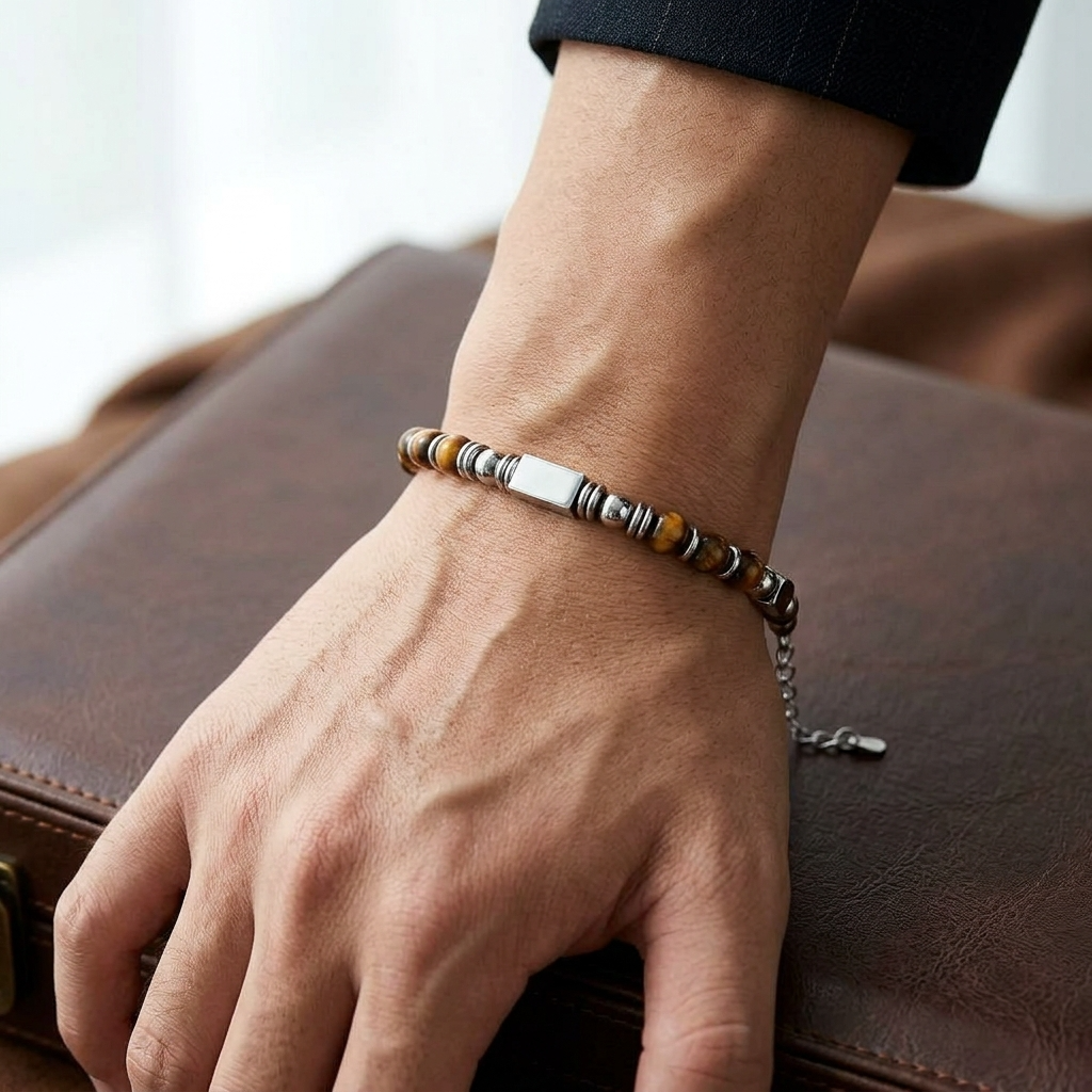 Ultra Rich Tiger Eye Stone Flexi Bracelet | TITANIUM Steel- For Men | Includes: Bracelet