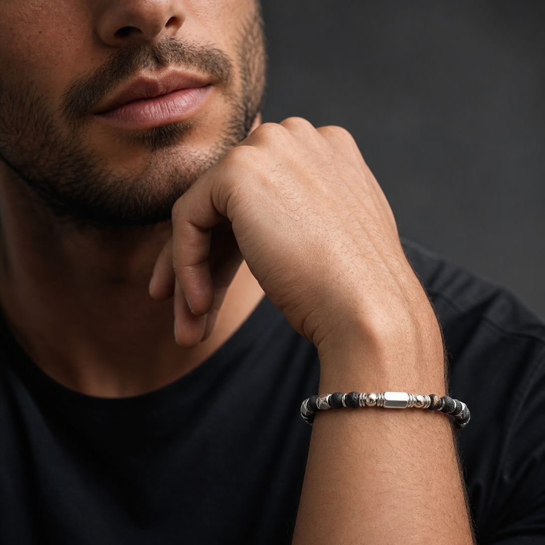 Ultra Rich Real Lava Stone Flexi Bracelet | TITANIUM Steel- For Men | Includes: Bracelet