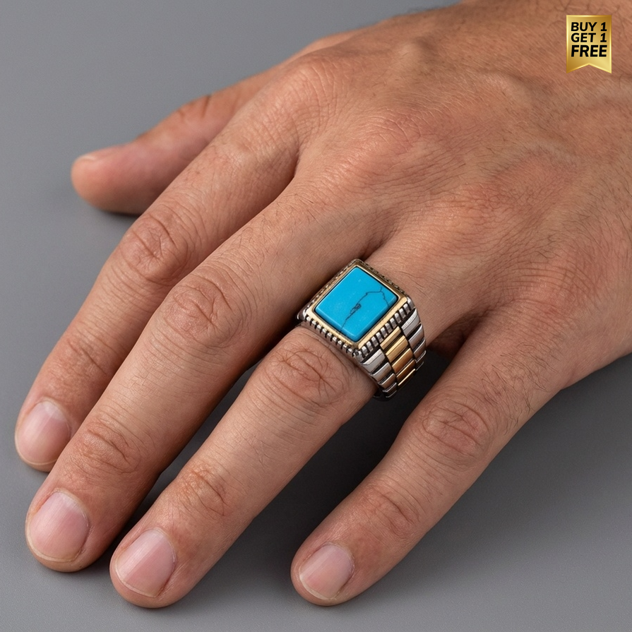Natural Turquoise Stone Pyramid Ring | TITANIUM STEEL– For Men | Includes: Ring