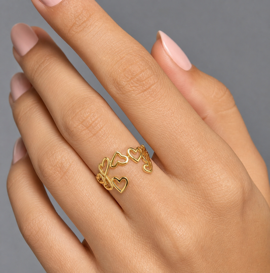Multi-Heart Hollow Flexi Size Ring | 18K PVD Gold Plated- For Women | Includes: Ring