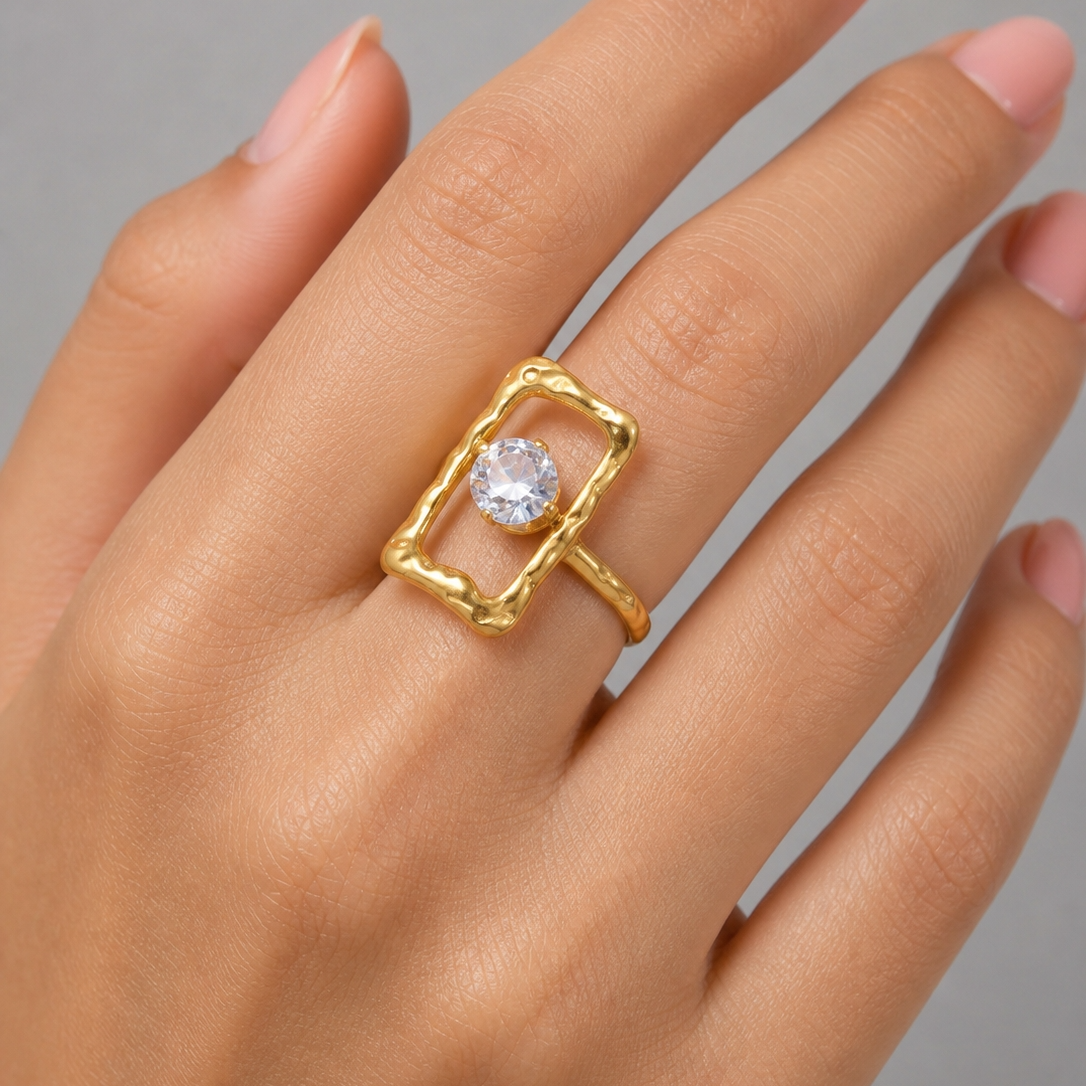 Trendy Organic Shape Solitaire Zircon Flexi Size Ring | 18K PVD Gold Plated- For Women | Includes: Ring