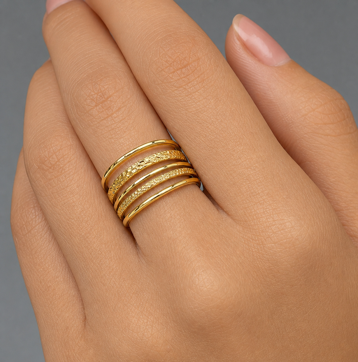 Multi-Layer Hammered Line Flexi Size Ring | 18K PVD Gold Plated- For Women | Includes: Ring