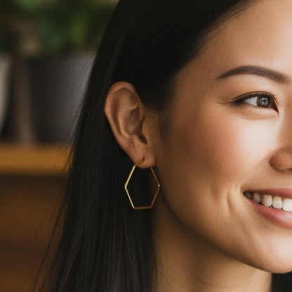 Contemporary Hex Earrings | PVD 18K Gold Plated, Stainless Steel, Water Proof - For Women | Includes: Earrings