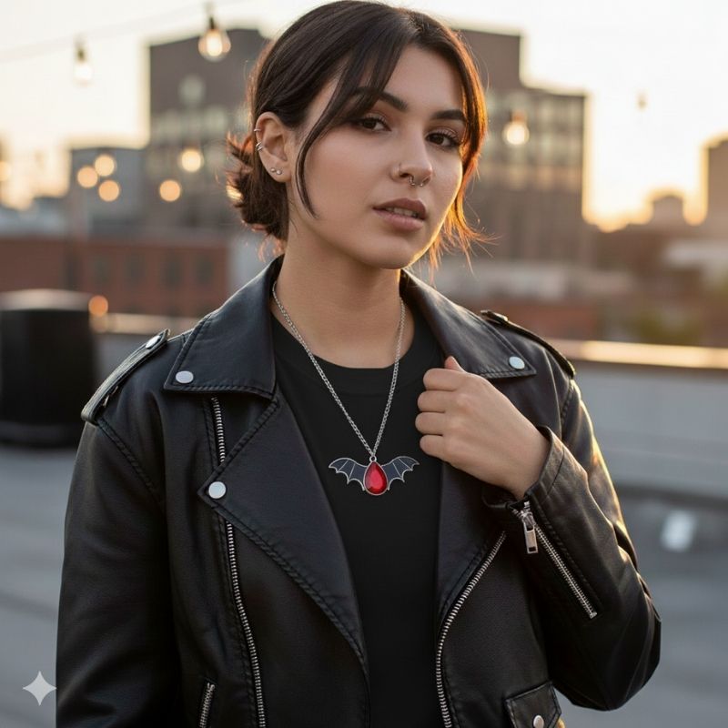 Crimson Wing Necklace | Silver Bat Pendant with Red Stone | Unisex