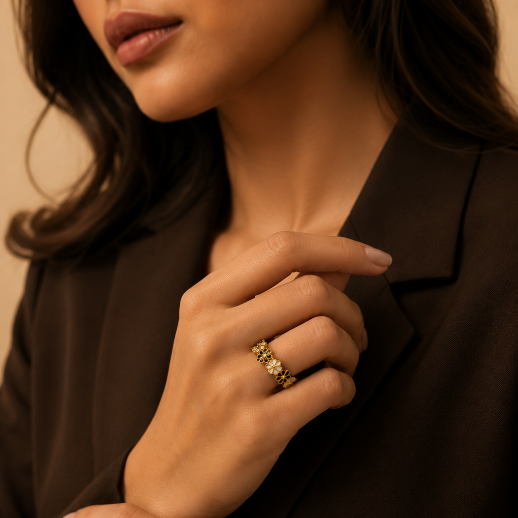 Black-White Flower Flexi Size Ring | 18K PVD Gold Plated- For Women | Includes: Ring
