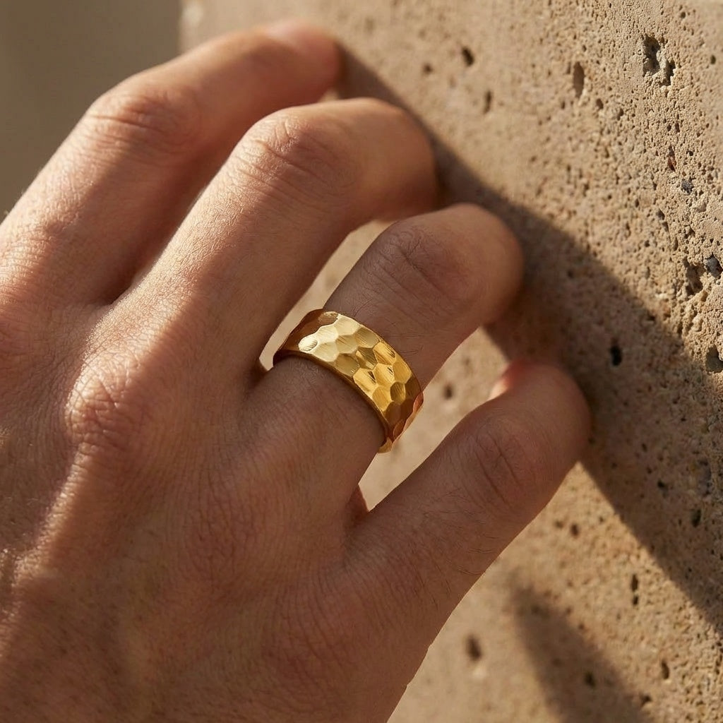 Hammered Titanium Steel Golden Ring | 18K Real Gold PVD Plated– For Men | Includes: Ring