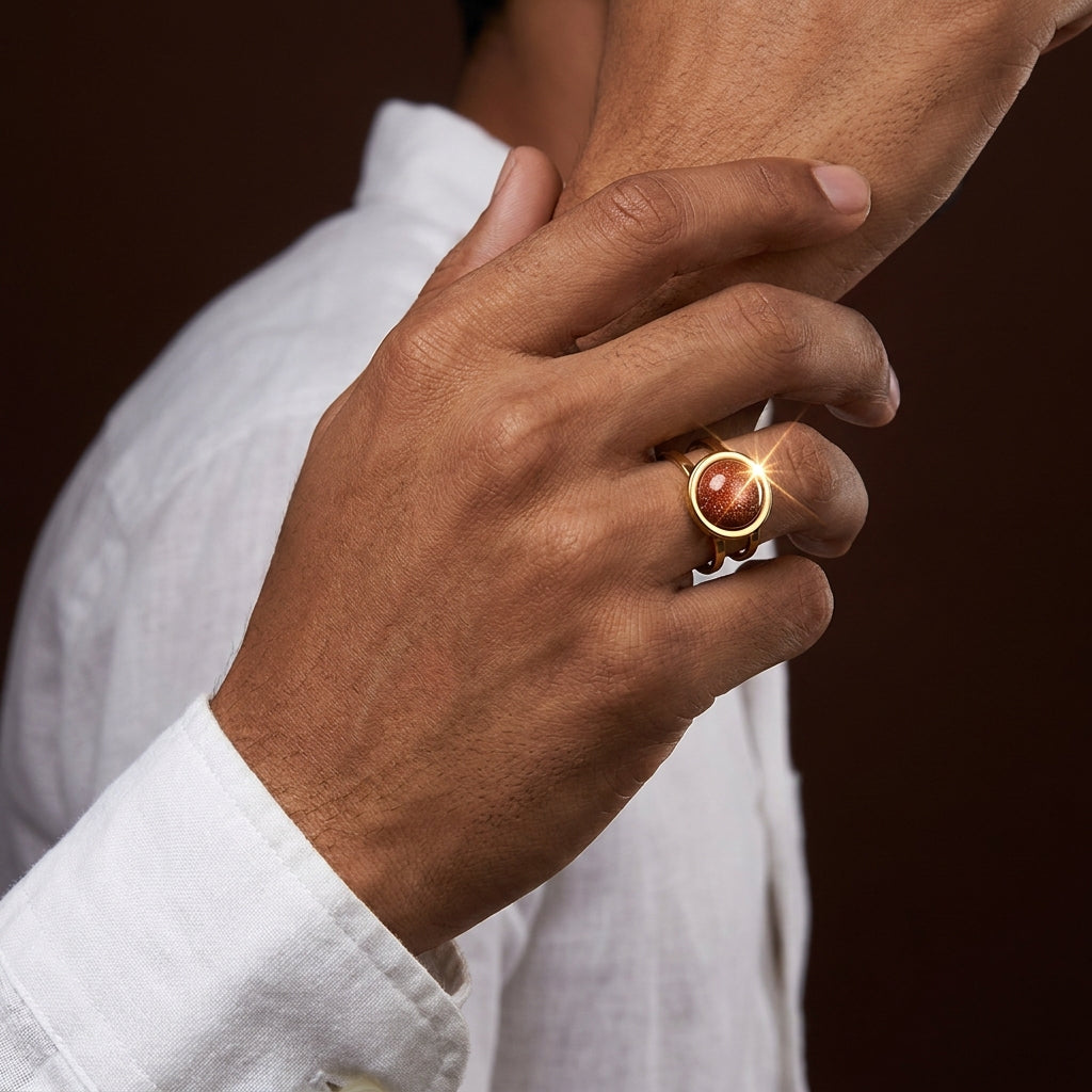 Sun Stone Flexi Size Golden Ring | 18K Real Gold PVD Plated– For Men | Includes: Ring