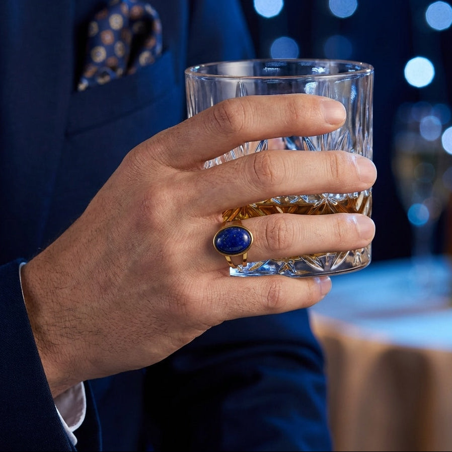 Lapis Lazuli Stone Golden Dual Band Oval Ring | 18K Real Gold PVD Plated– For Men | Includes: Ring