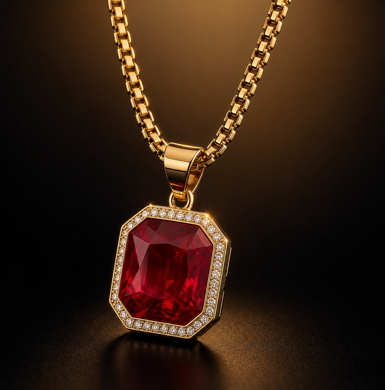 Ultra BOLD Posh RED Zircon Golden Necklace | 18K PVD REAL Gold Plated- For Men| Includes: Necklace