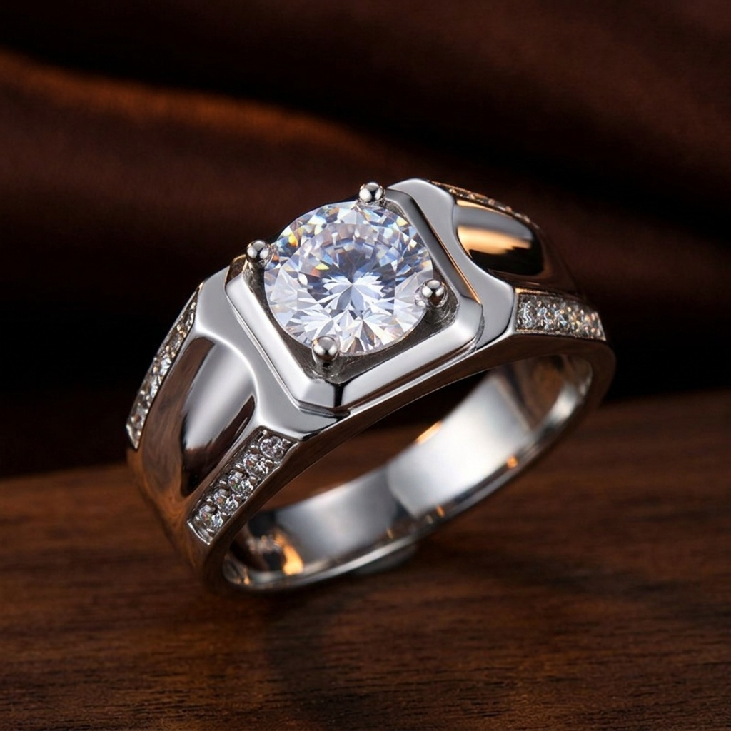 Pyramid Silverish Solitire Clear Zircon Ring | PVD Plated– For Men | Includes: Ring