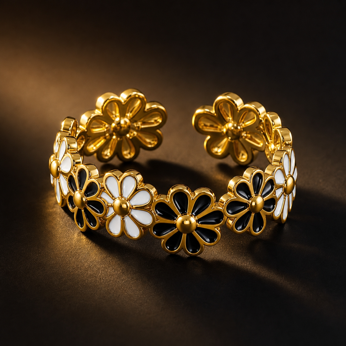 Black-White Flower Flexi Size Ring | 18K PVD Gold Plated- For Women | Includes: Ring