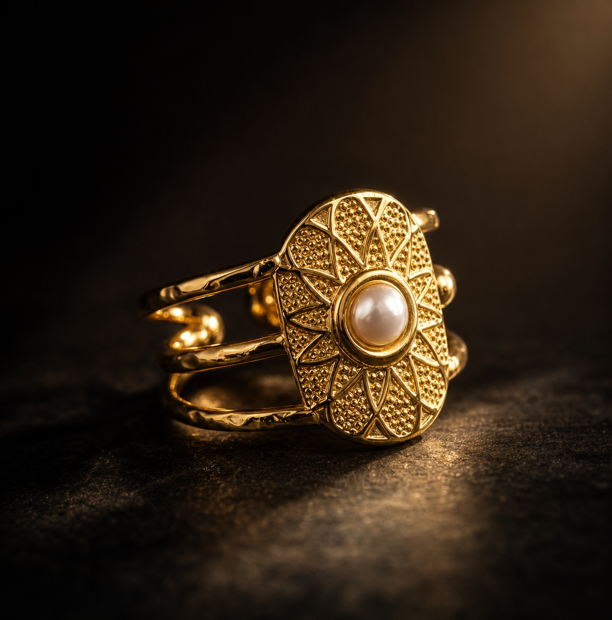 Ethnic Sun Pearl Flexi Size Golden Ring | 18K PVD Gold Plated- For Women | Includes: Ring