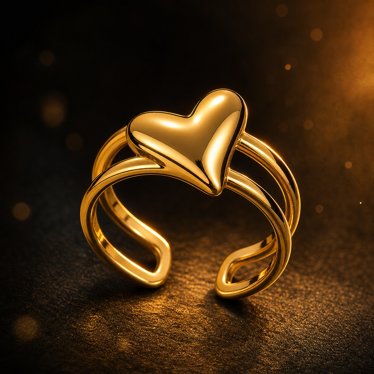 Dule Line tilted Heart Flexi Size Ring | 18K PVD Gold Plated- For Women | Includes: Ring