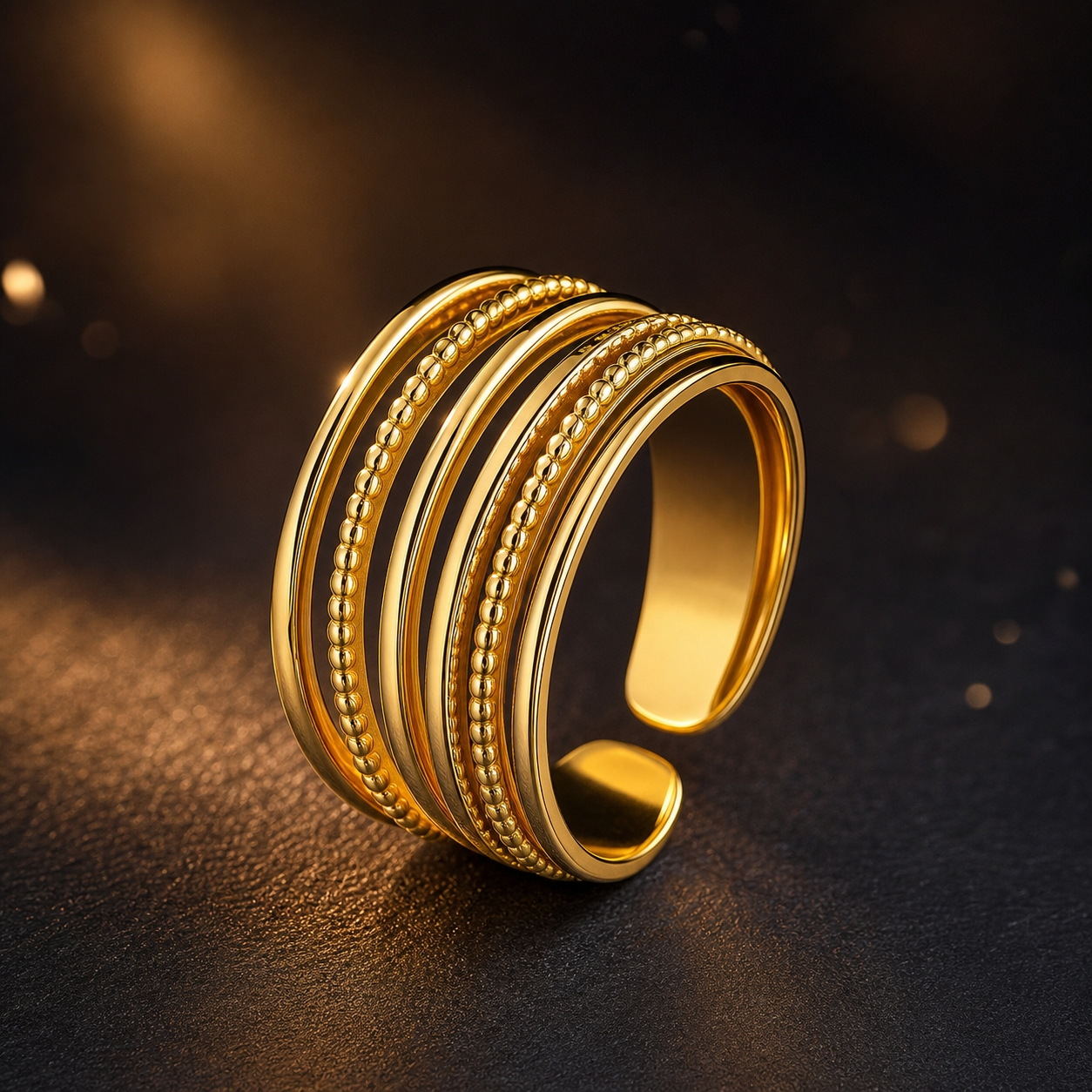 Multi-Layer Bead Line Flexi Size Ring | 18K PVD Gold Plated- For Women | Includes: Ring