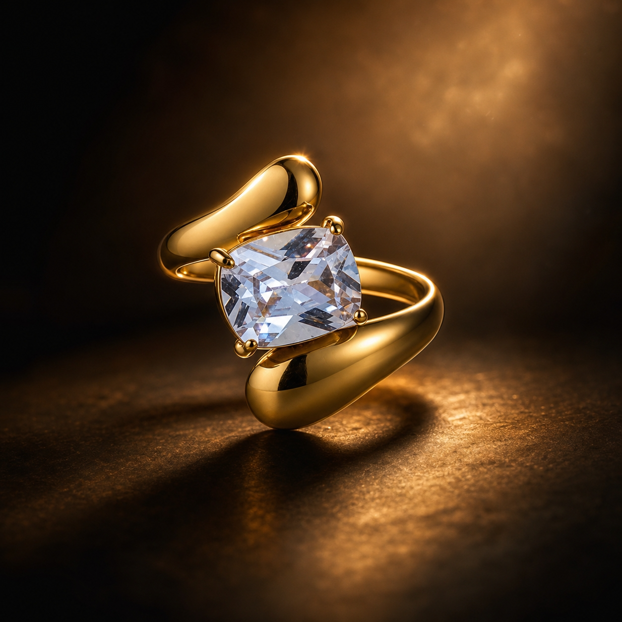Modern Wavy Solitaire Zircon Golden Flexi Size Ring | 18K PVD Gold Plated- For Women | Includes: Ring