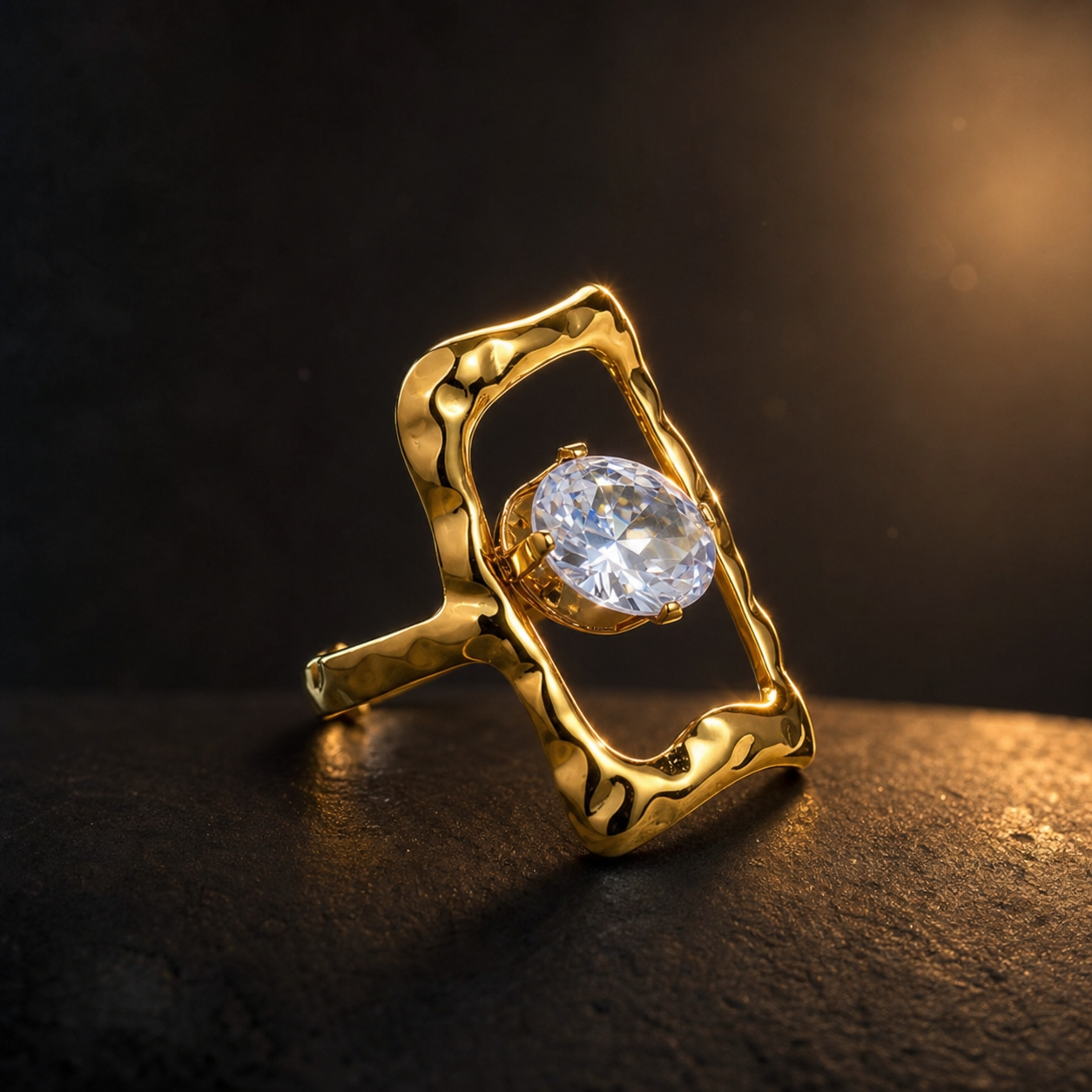 Trendy Organic Shape Solitaire Zircon Flexi Size Ring | 18K PVD Gold Plated- For Women | Includes: Ring