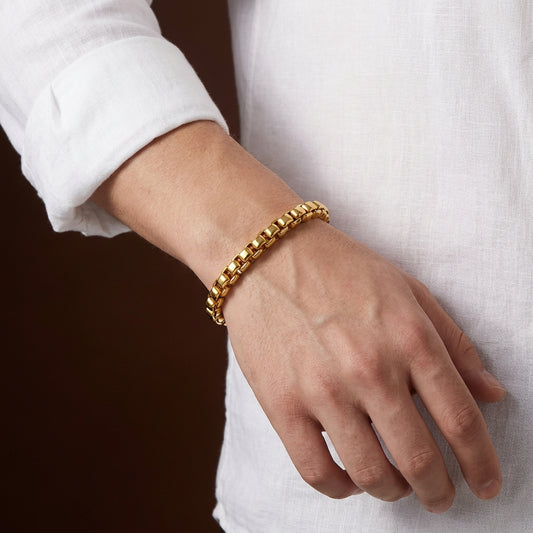 Golden Box Design Flexi Size Steel Regular Bracelet (6MM) | 18K PVD Gold Plated- For Men | Includes: Bracelet