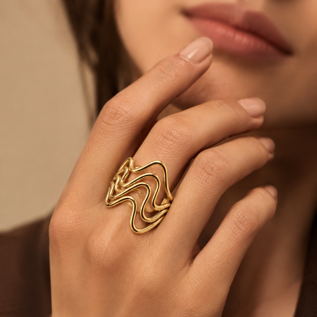 Organic Multi-Wave Dainty Flexi Size Ring | 18K PVD Gold Plated- For Women | Includes: Ring