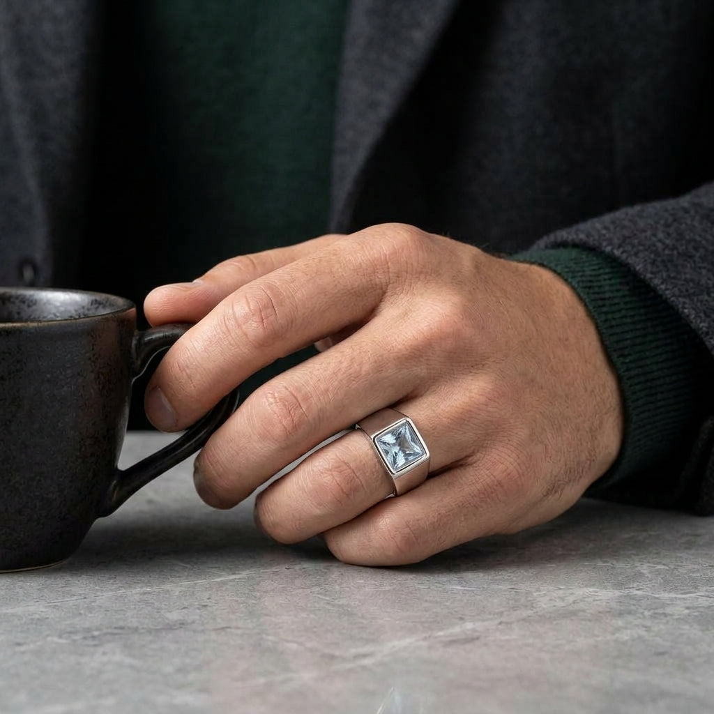 Regular Watery Blue Square Zircon Titanium Ring | PVD Plated– For Men | Includes: Ring