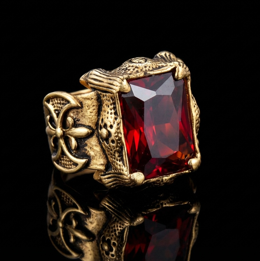 Red Zircon BOLD Iranian Golden Titanium Ring | 18K Real Gold PVD Plated– For Men | Includes: Ring