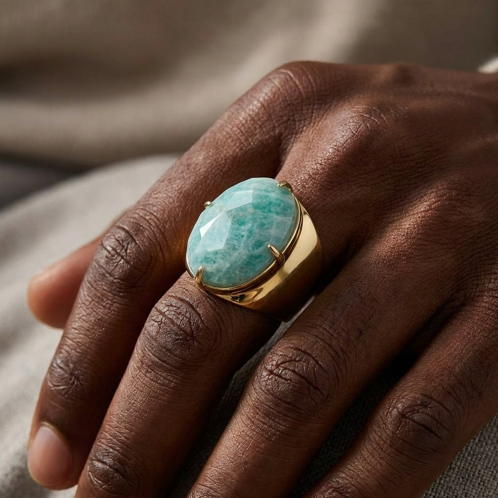 Natural Amazonite Faceted Stone Golden Flexi Size Ring | 18K Real Gold PVD Plated– For Men | Includes: Ring