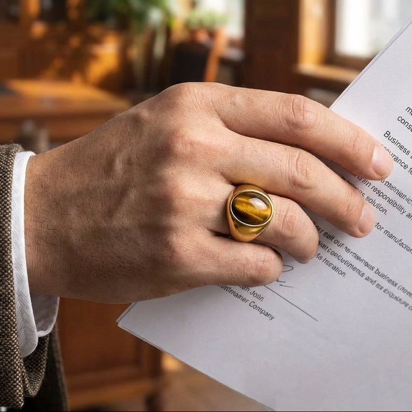Natural BOLD Tiger Eye Stone Golden Ring | 18K Real Gold PVD Plated– For Men | Includes: Ring