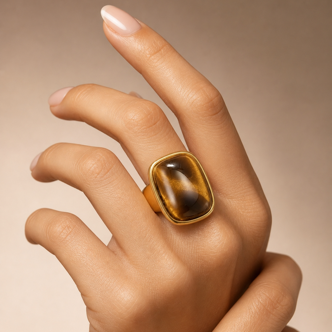 Ultra Bold Natural Cat's Eye Stone Golden Ring | 18K Real Gold PVD Plated– For Women | Includes: Ring