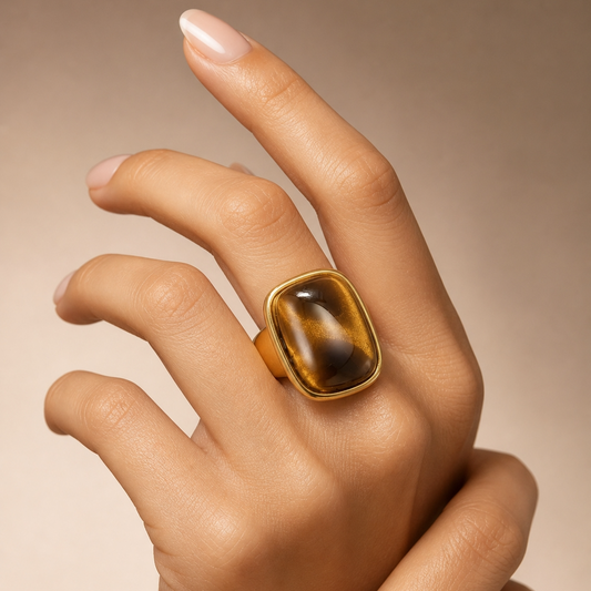 Ultra Bold Natural Cat's Eye Stone Golden Ring | 18K Real Gold PVD Plated– For Women | Includes: Ring