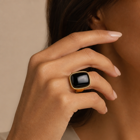 Ultra Bold Natural Black Agate Stone Golden Ring | 18K Real Gold PVD Plated– For Women | Includes: Ring