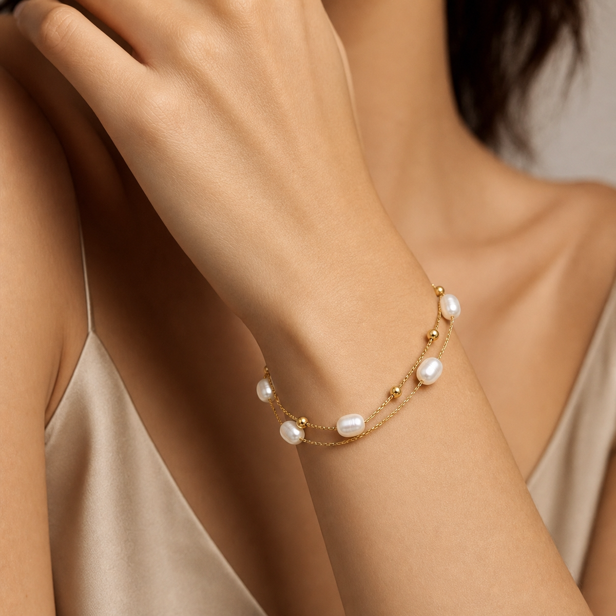 Lustre Pearl-Look DOUBLE LAYER Bracelet | Gold-Tone - For Women | Includes: Bracelet